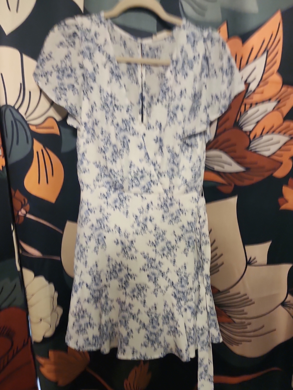 Altar'd State White and Blue Floral Flutter-Sleeve Dress